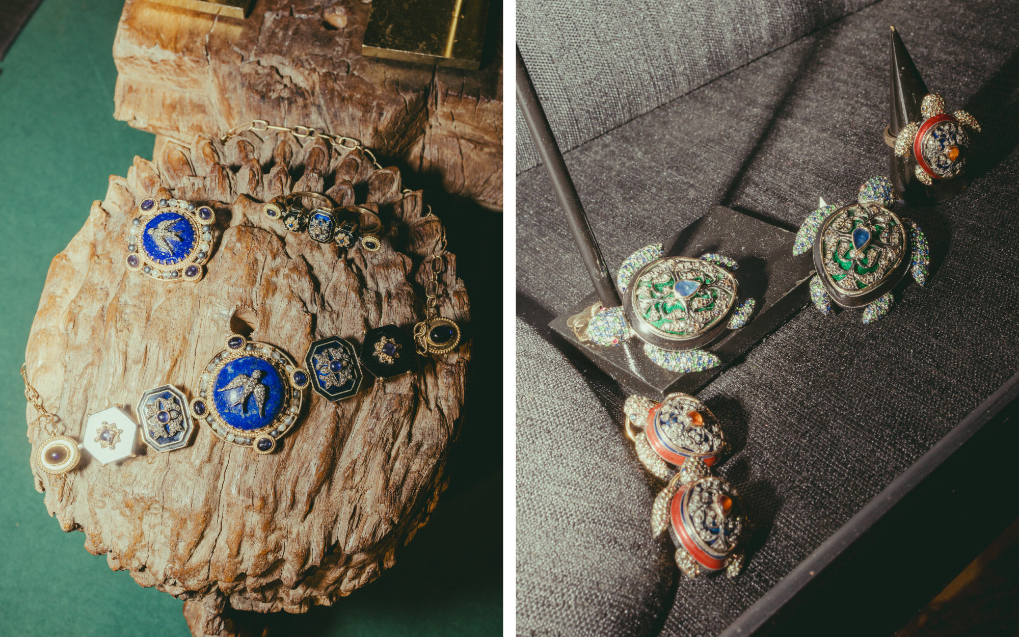 Left: The installation also features MOI’s fine jewellery, offering a refined counterpoint. Left: These diamond jewels stand as wearable archives, embodying research, lineage, and design intent (Image Credits: MOI)