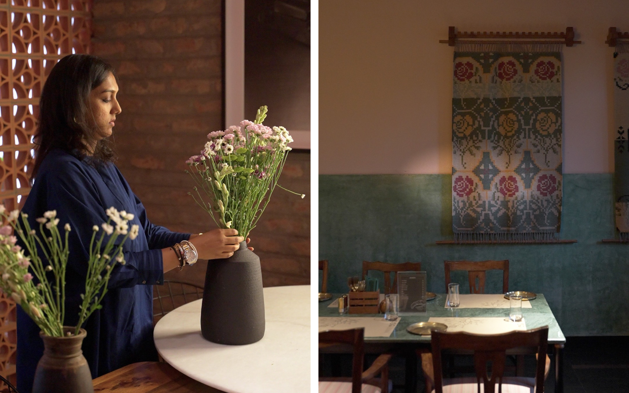 Left: Architect Sona Reddy in her Hyderabad studio, Petrichor, styling the Nadi Vase from Nicobar with fresh flora. Right: In Kadali, a restaurant designed by Reddy, earthy tones of Mandana stone blended with the natural materials, imbue a rustic and refined character. (Image Credits: Design Pataki)