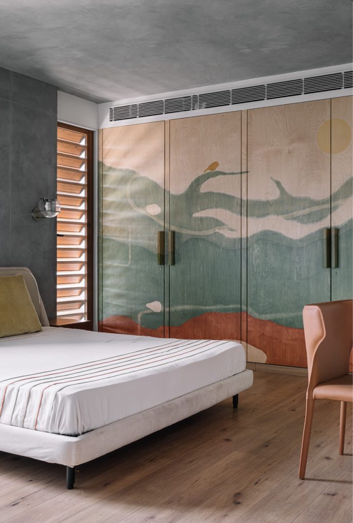 The bed in the daughter’s bedroom is by HM Furniture, the soft furnishings are by Minimo, the lighting was executed by Smart Light, and the art work on the wardrobe is by Artitude by Satyadip Varde. (Image Credit: Ishita Sitwala)