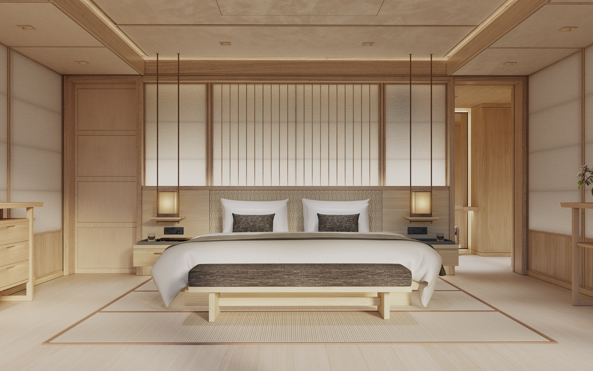 The Aman Suite rooms reflect Aman’s signature luxury, inspired by Japanese ryokan design, with tatami mats, low beds, and a serene interplay of timber and glass. (Image Credit: Sinot Yacht Architecture and Design)