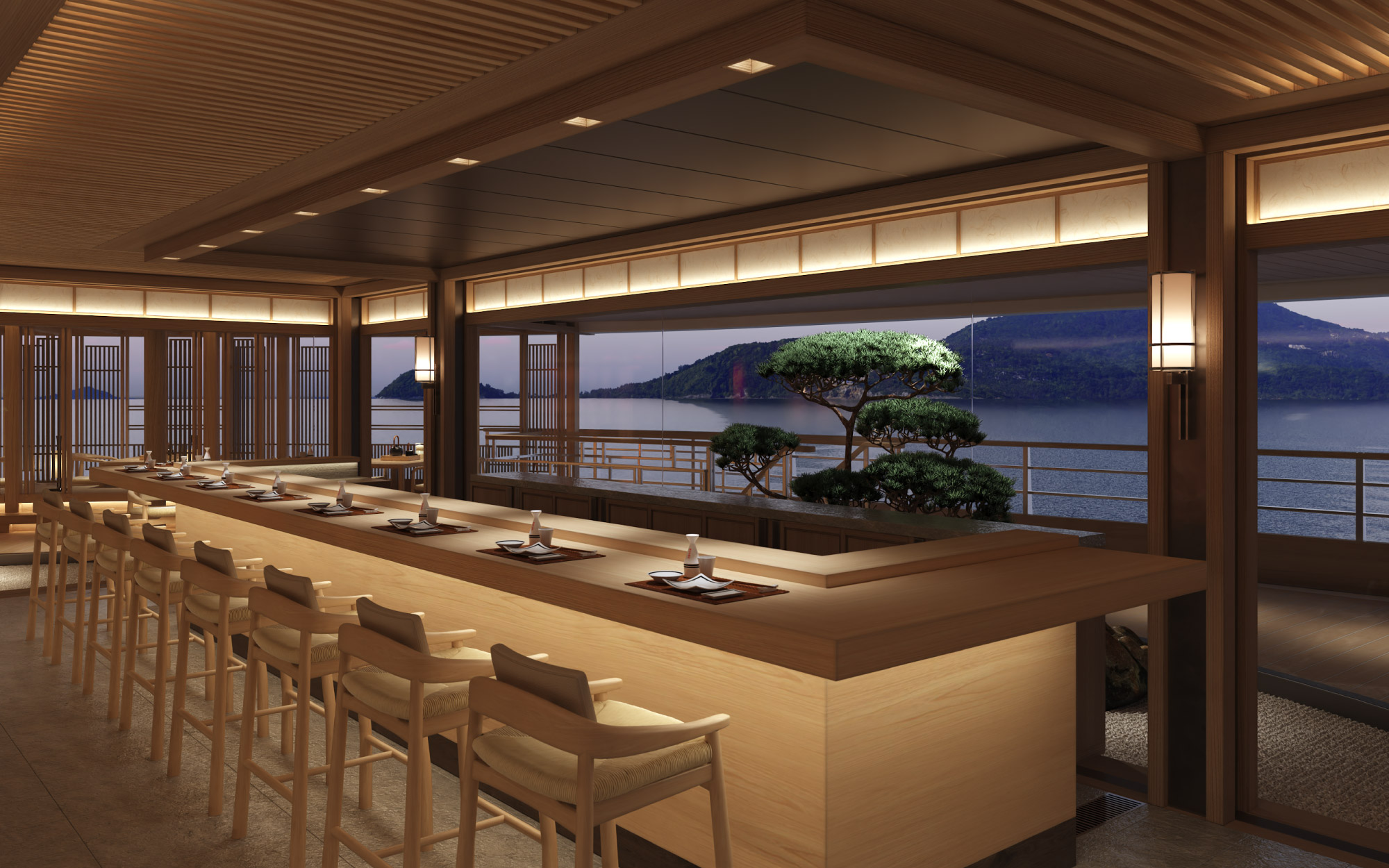 From sushi and miso to wagyu flamed on the grill, each course at Hiori unfolds at an intimate Japanese-style omakase counter, where the chef prepares every dish in front of the guests. (Image Credit: Sinot Yacht Architecture and design)