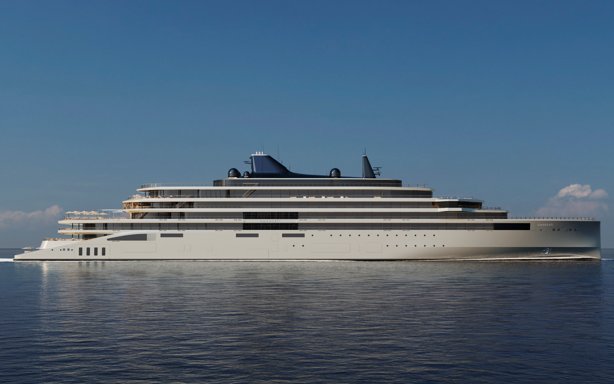 Designed by Netherlands-based studio Sinot, the vessel is conceived as moving architecture, with a focus on open views, clear sightlines, expansive exterior decks, and generous spaces dedicated to swimming and water sports. (Image Credit: Sinot Yacht Architecture and Design)