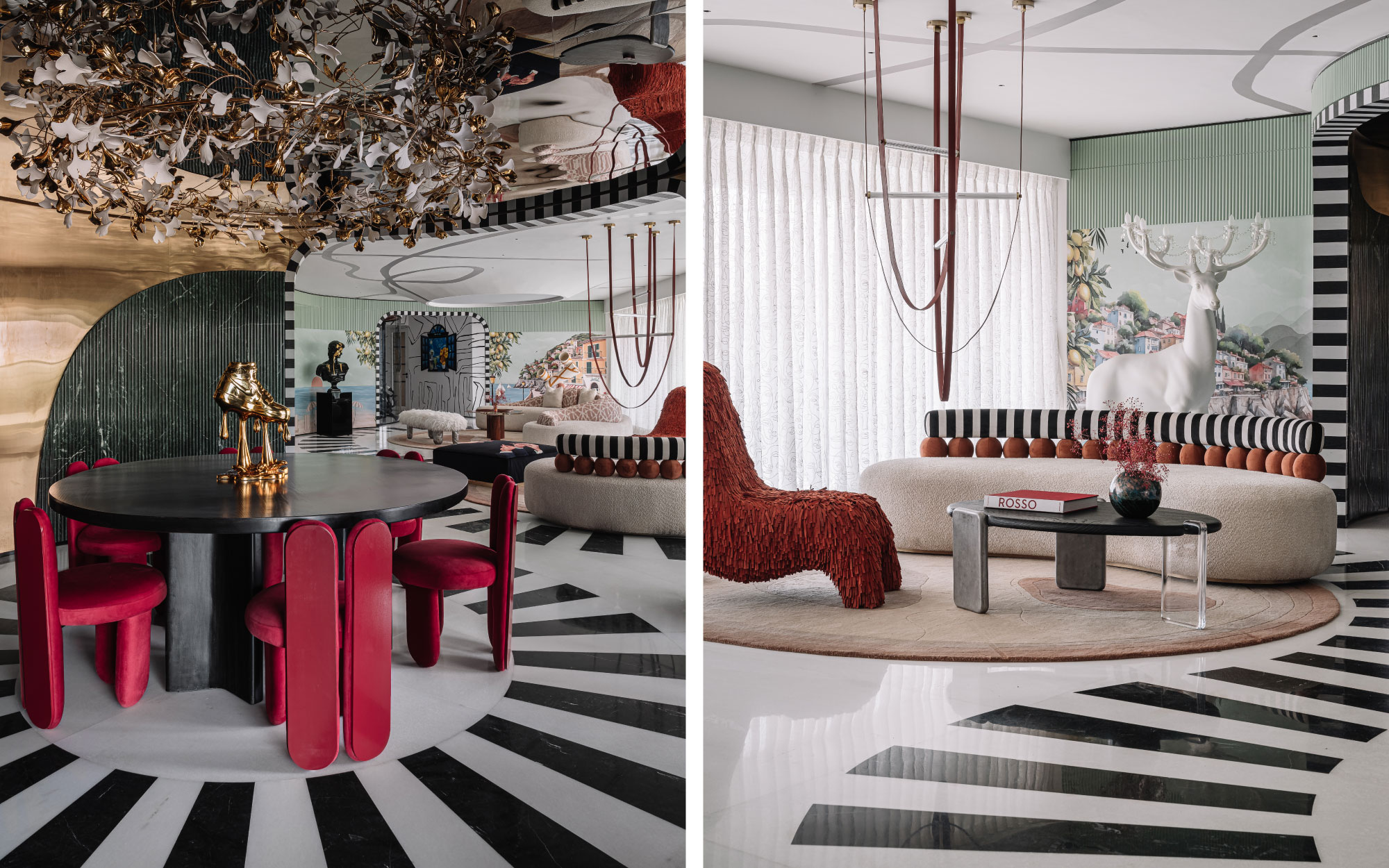 Whimsy Wonder is a bold celebration of colour, imagination, and fearless design. Here, striking black-and-white marble inlay bands sweep across the floor, balancing maximalist forms with a precise visual order. (Image Credits: Ishita Sitwala)