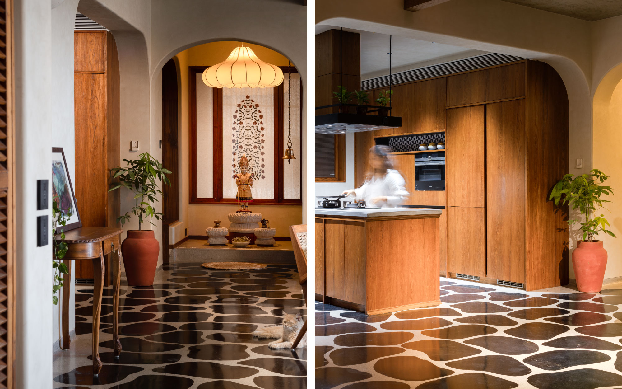 Left: A tactile stone-terrazzo floor anchors the mandir, the most important room in the home. Right: In the kitchen, light falls upon the organic floor pattern, bringing its textures and tonal variations into quiet focus. (Image Credits: Dhrupad Shukla)