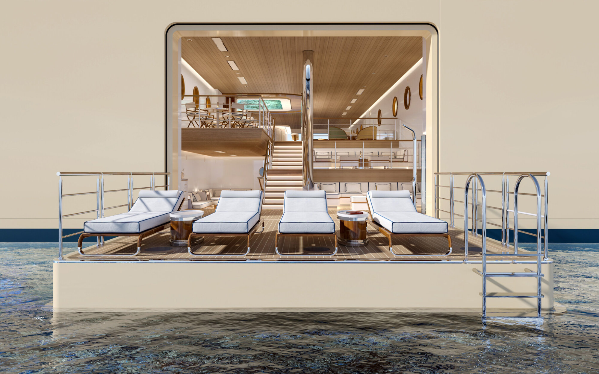 The yacht’s transverse marina opens as a floating playground, with seabobs, paddleboards, hydrofoils, and snorkelling gear ready to launch. (Image Credit: Four Seasons)
