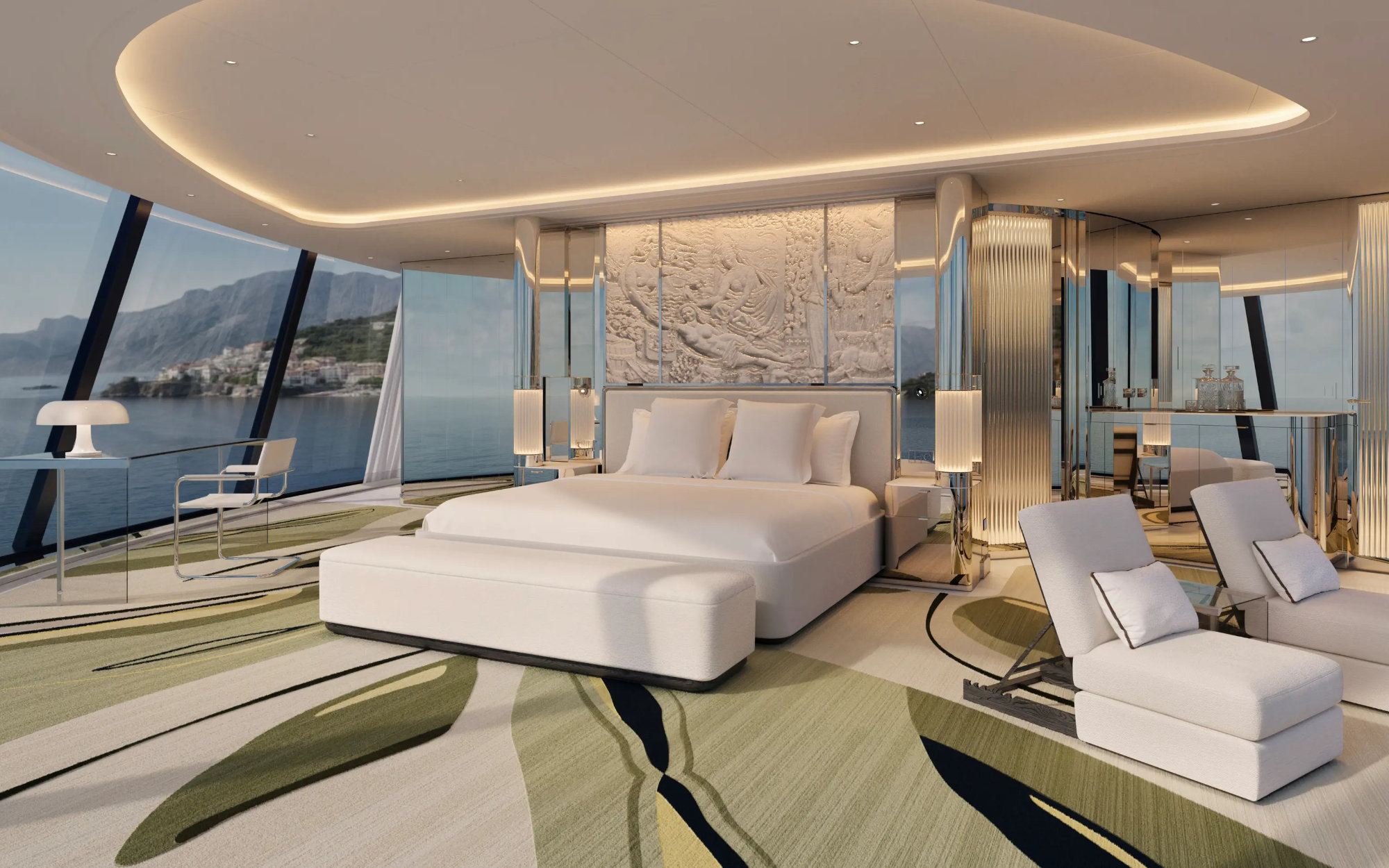 The Funnel Suite features a fully equipped kitchen, a spacious living room, and an indoor dining table for six. A circular lounger, a private splash pool, and a striking centrepiece staircase connect the bedrooms across the upper levels. (Image credit: Four Seasons 1)