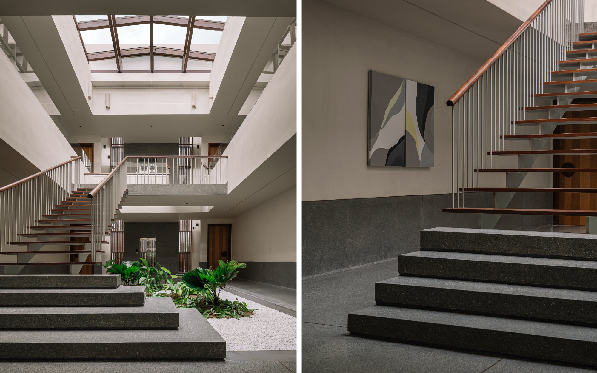 Rising from terrazzo to metal and timber, this staircase unites the home’s palette of stone, wood, and metal, balancing the weight of the walls with a suspended lightness at the courtyard’s centre. (Image Credits: Ishita Sitwala)