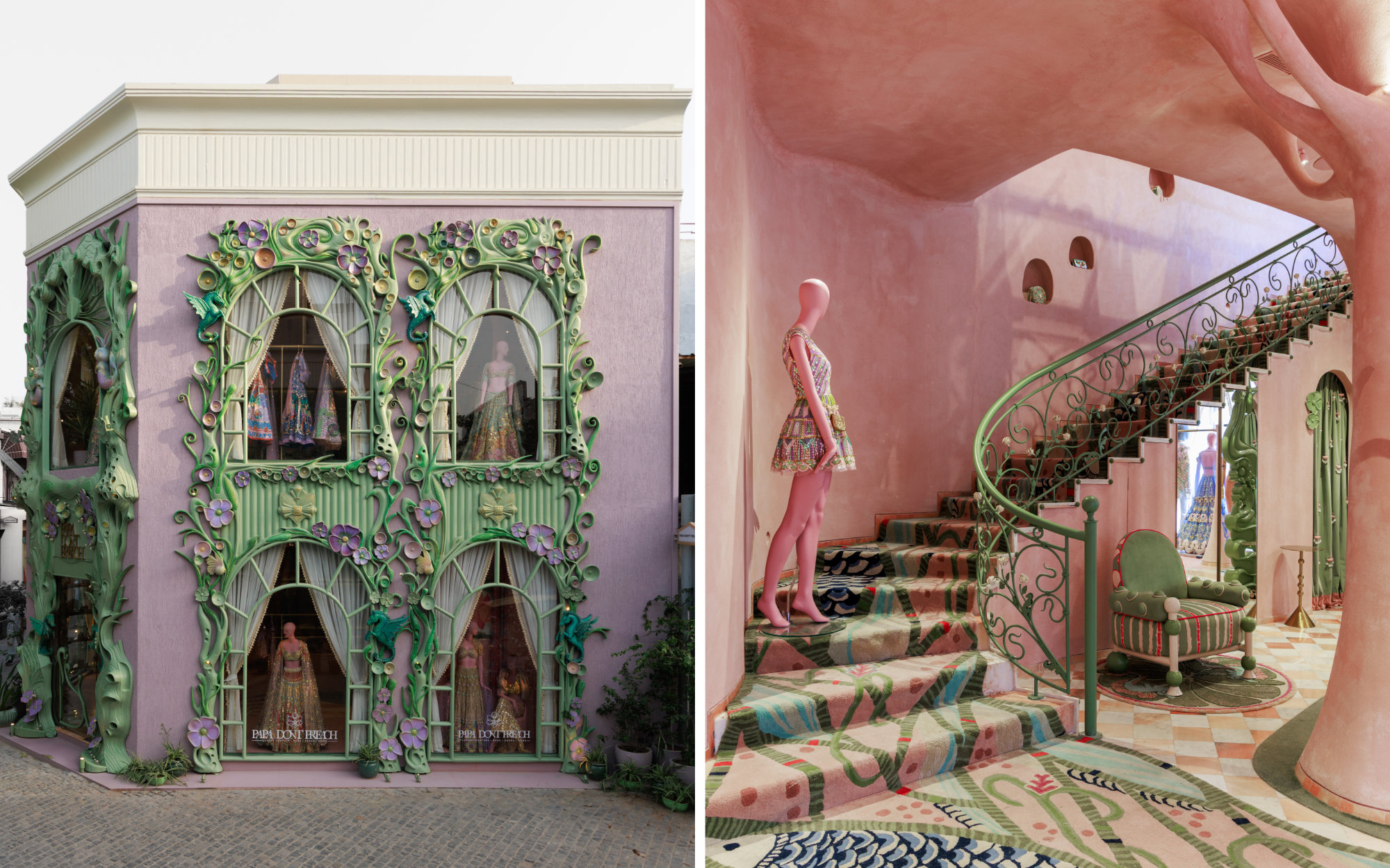 The gentle lavender and sage facade sets the tone for the pastel-drenched, maximalist Papa Don’t Preach store at The Dhan Mill. (Image Credits: Janvi Thakkar - Wabi Sabi Studios)