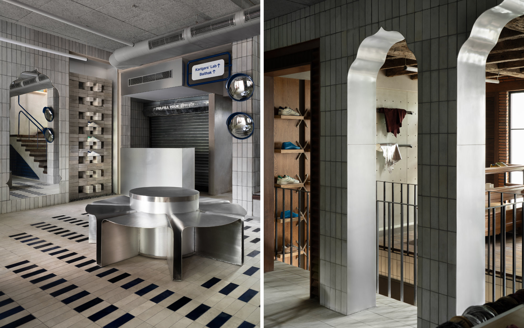 The store references the architectural fragments of Indian neighbourhood lanes, complete with manhole covers, jharokha openings and traffic convex mirrors. (Image Credits: Avesh Gaur)