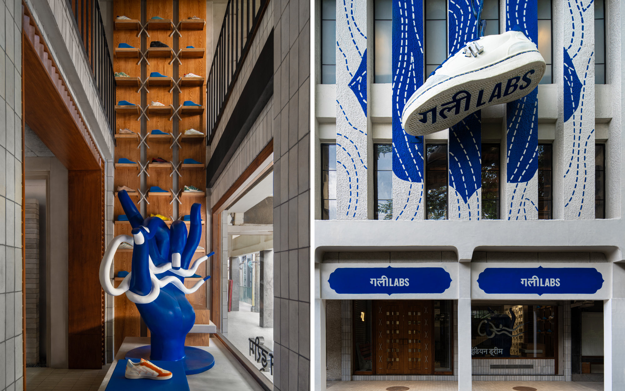The Gully Labs store was executed in just three months with over fifty karigars and a network of collaborators, including Glyptic Arts studio that crafted the monumental sneaker on the façade. (Image Credits: Avesh Gaur)