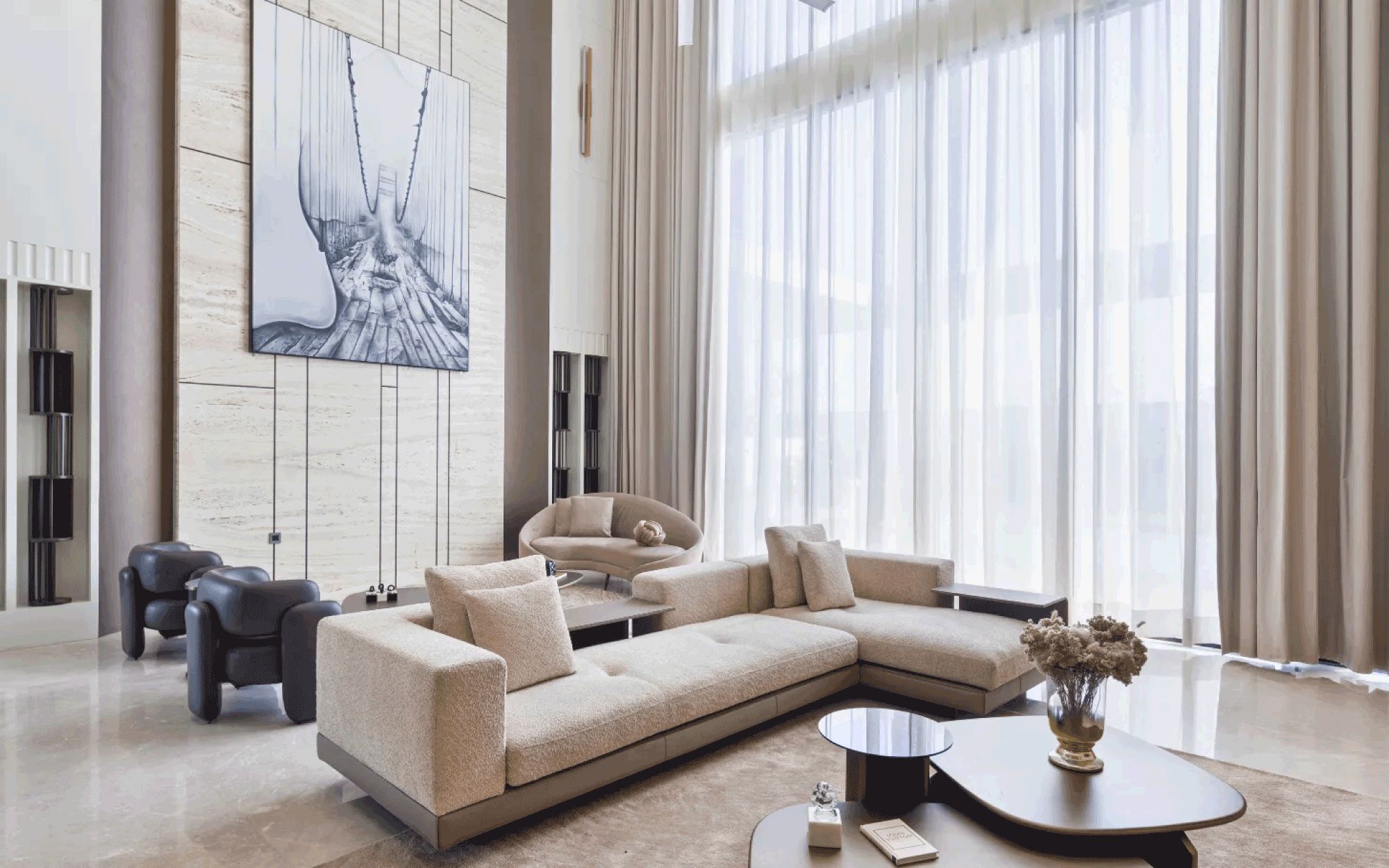 The interplay of black, white, and beige creates a harmonious balance in the parlour. All artefacts have been sourced from Hölzer. (Image Credits: Purnesh Dev Nikhanj)