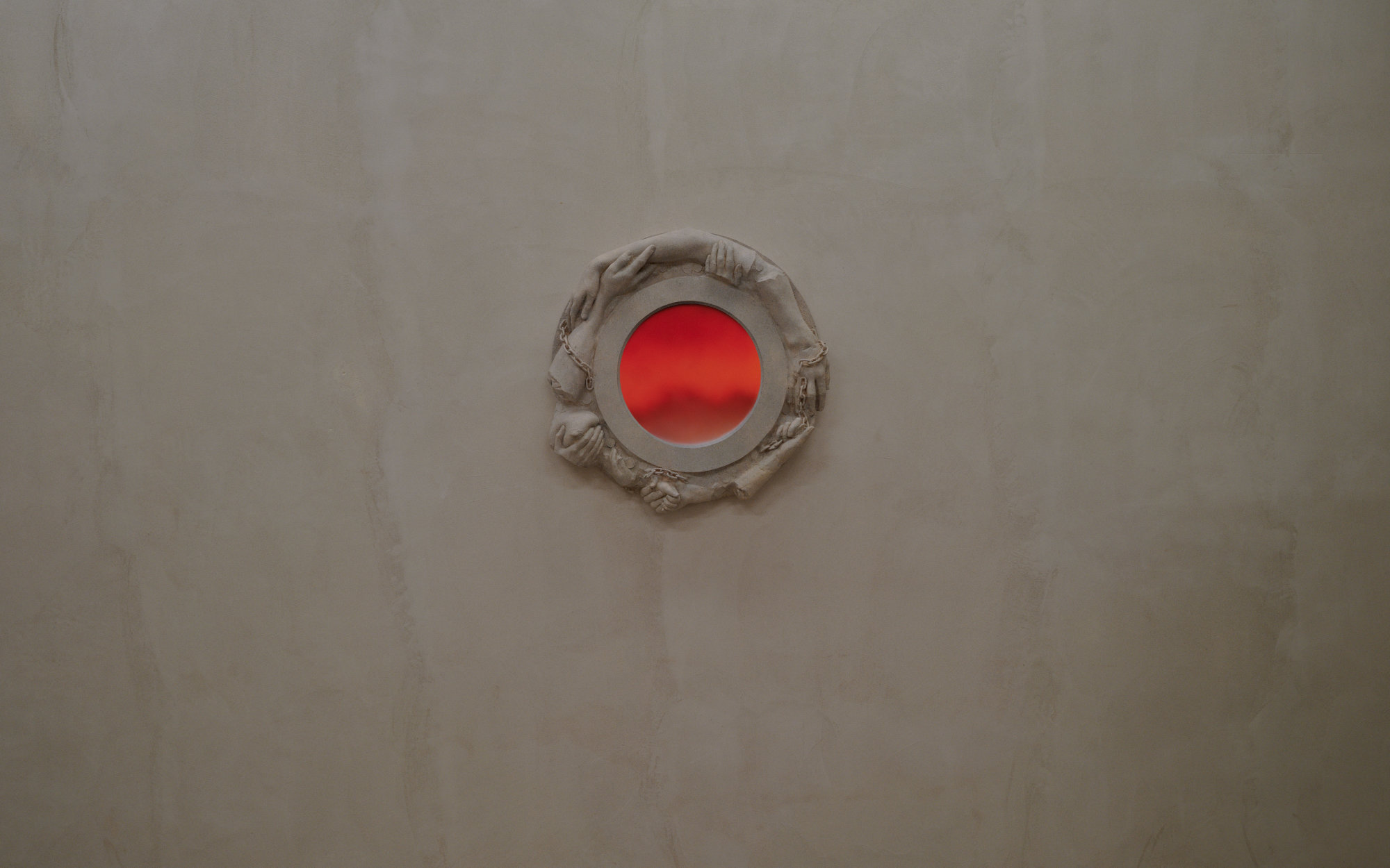 ‘A Storm is Blowing from Heaven (2025)’ is a striking interplay of plaster, wood, and acrylic paint that conjures a tempestuous, otherworldly presence. (Image Credits: Jasper Fry) 