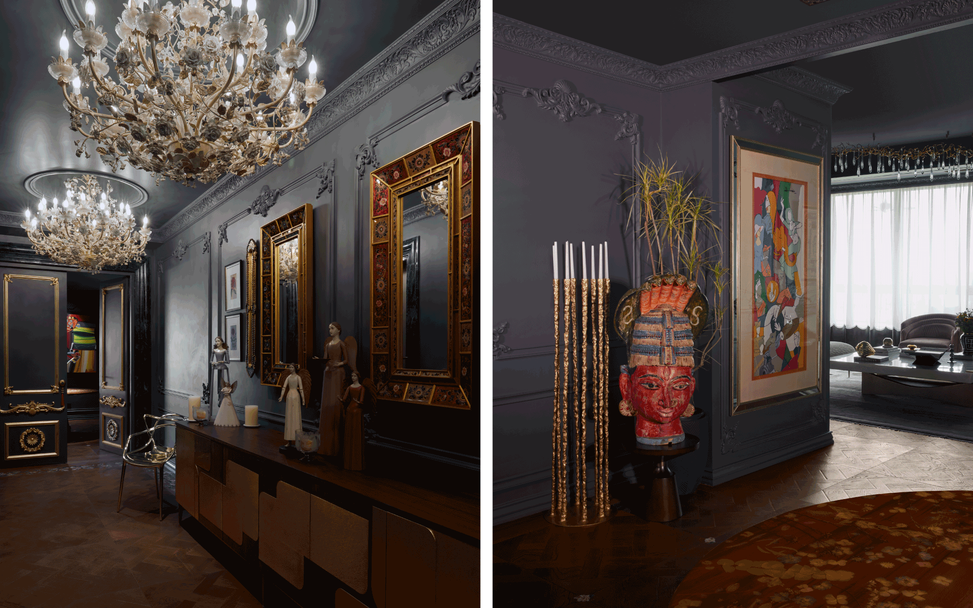 Left: The entrance door is from Coast to Coast, with flooring from Foglia D’Oro, while the ‘Meadow Table’ by Rooshad Shroff is graced with Angels from beyond designs + moonriver and Peruvian mirrors from Apartment9, with an artwork by Bose Krishnamachari. Right: The Artwork by M. F. Hussain, Devi head from Ganesh Emporium, candlestand by Eeshan Kashyap and Pressed flower round table by Rooshan Shroff add a traditional touch to the neoclassical ambience. (Image Credits: Ashish Sahi)