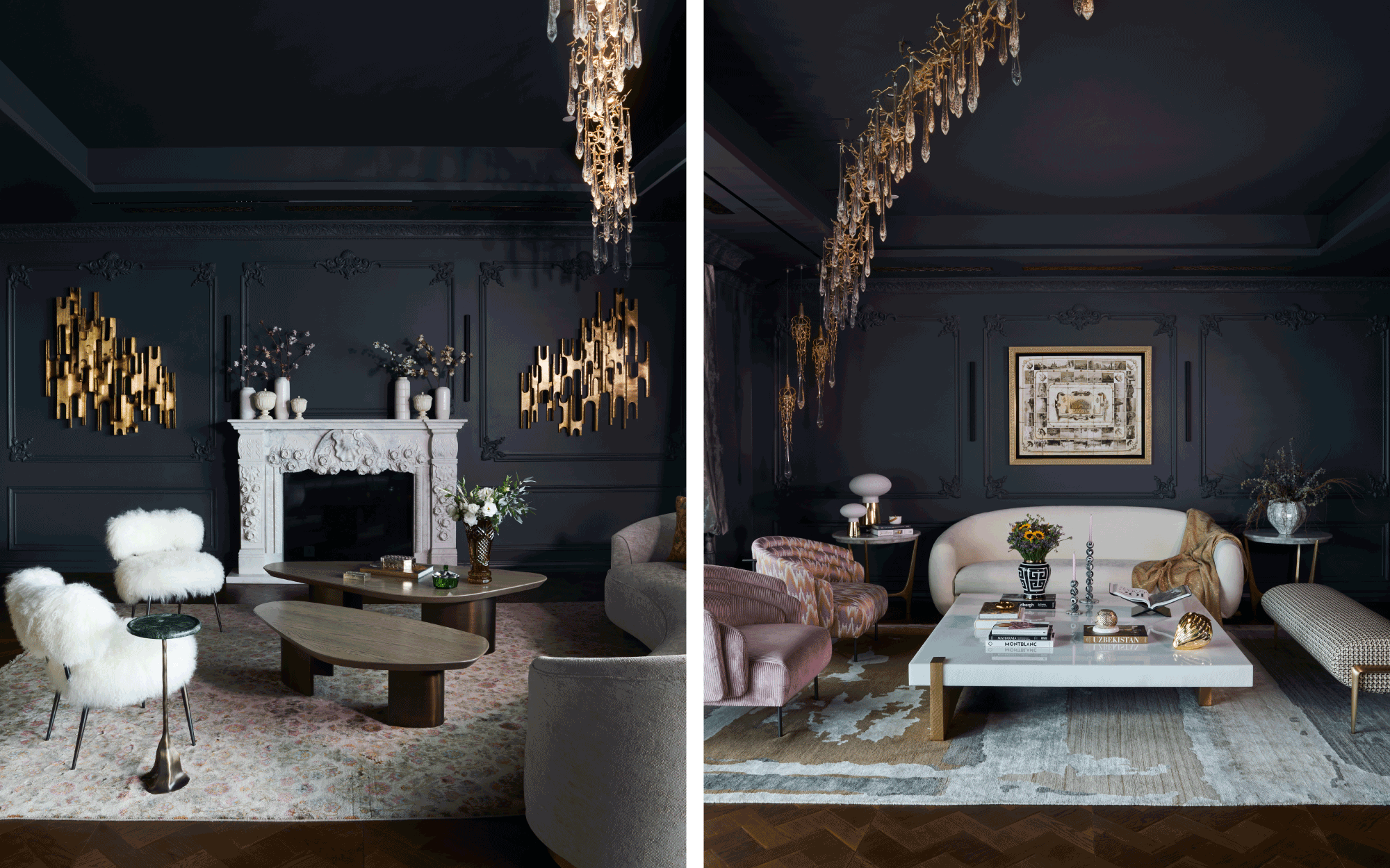 Left: In the living room, a fireplace is from StoneArt Asia and wall sculptures by Vikram Goyal are paired with a Nepal chair by Baxter, alongside a centre table, sofa, and console from DemuroDas, which anchors the space. Right: On the other side, a custom Serip lighting installation hangs alongside a Flos fixture, with a rug from Carpet Cellar and fabrics by Dedar and Fabricart. The furniture is by DemuroDas, with table lamps from Villeroy & Boch, artwork by Ravinder Dutt, candlesticks by Eeshan Kashyap, and a coconut décor object by Klove. (Image Credits: Ashish Sahi)