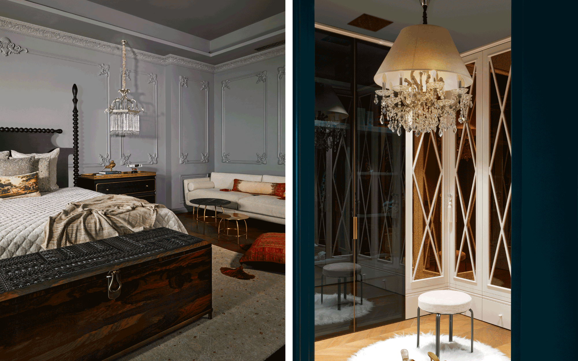 Left: In the master bedroom, a pendant light from Beyond Designs illuminates the space, while an Obeetee rug and a floor cushion from Ishatvam introduce softness, complemented by a bed and bedside tables from Beyond Designs. Right: The walk-in wardrobe features hints of the client's precious home with custom wardrobes and a classical chandelier that imbues warmth. (Image Credits: Ashish Sahi)