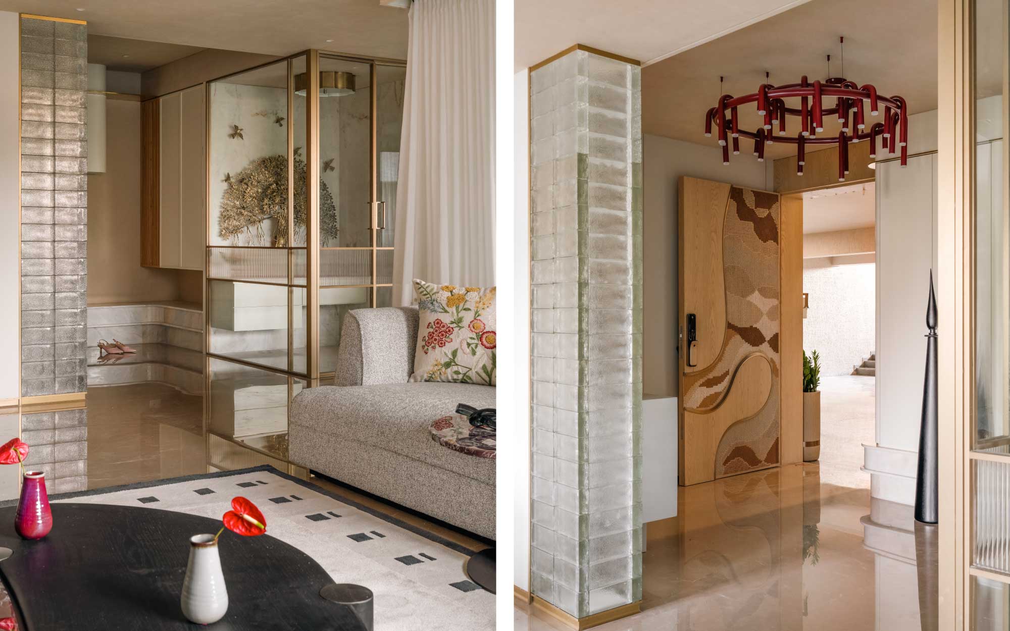 Left: The mandir becomes a spiritual centre of the home with a glass exterior. Right: A thick glass brick wall is introduced next to the TV wall to block direct view at the entrance. The contemporary red chandelier is picked up from China. (Image credits: Murtaza Gandhi)