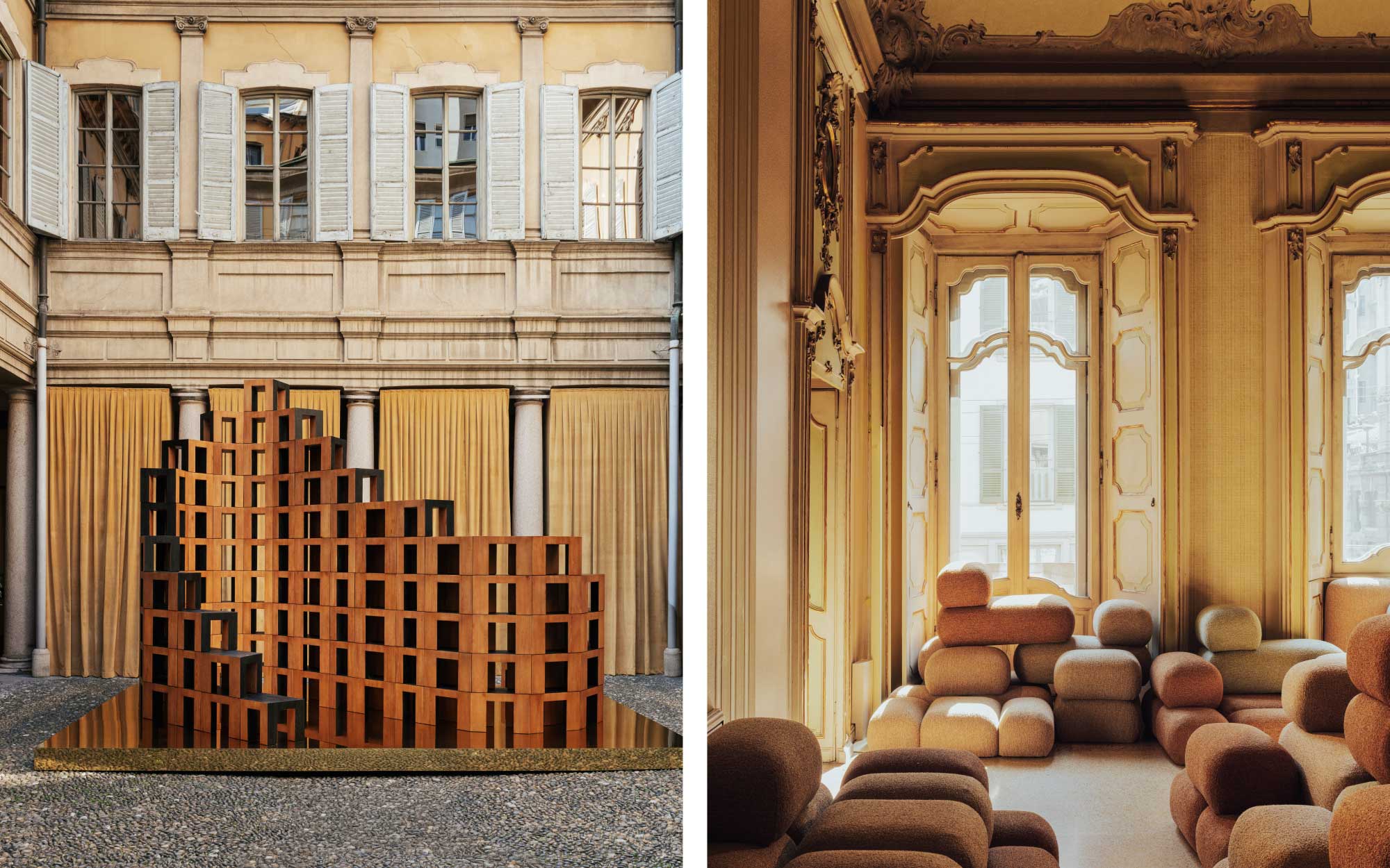 Left: The NOXEN stools are composed into a sculptural installation, somewhere between furniture and architecture, set against a backdrop of okra-toned curtains that soften and frame the space. Right: The SOLUNA lounge chair and POMA accent chair are gathered here; not simply placed, but stacked and layered against a striped wallpaper. (Image Credits: Piergiorgio Sorgetti)
