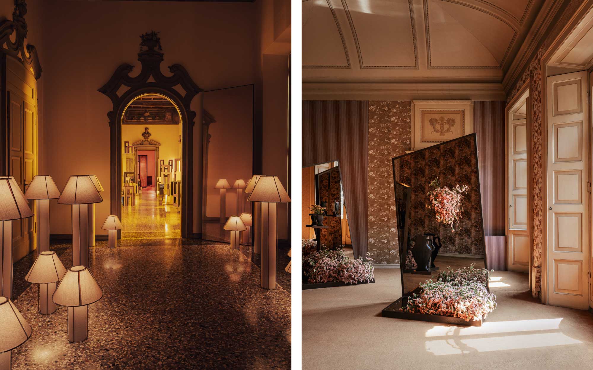 Left: The EMERA table lamp appears here in a reimagined, floor-scale version, repeated throughout the space to create rhythm and presence. Right: The SOLUNA lounge chair and POMA accent chair are stacked and layered against a striped wallpaper. (Image Credits: Piergiorgio Sorgetti)